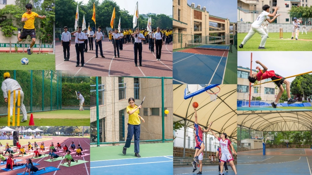 Collage of students playing football, cricket, tennis, basketball, high jump, and yoga at The Shri Ram School sports facilities
